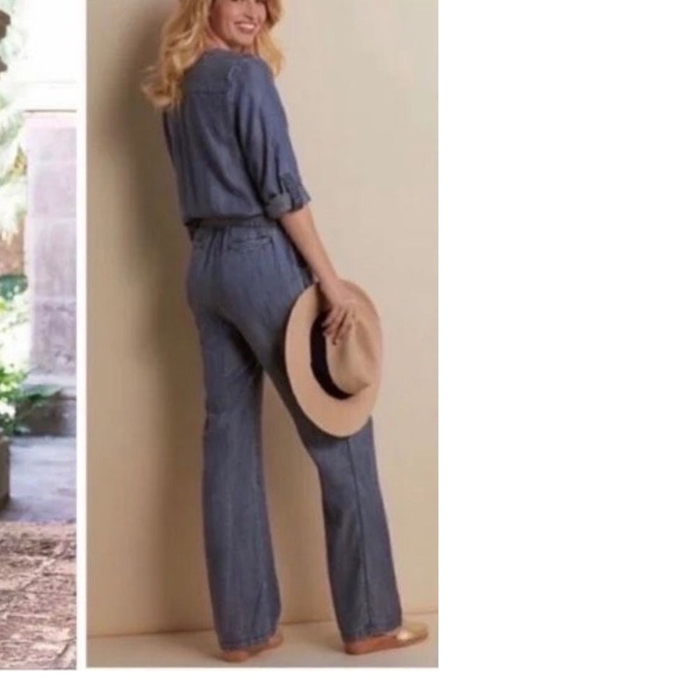Soft Surroundings Blue Chambray Button Front Elastic Waist Jumpsuit sm boho